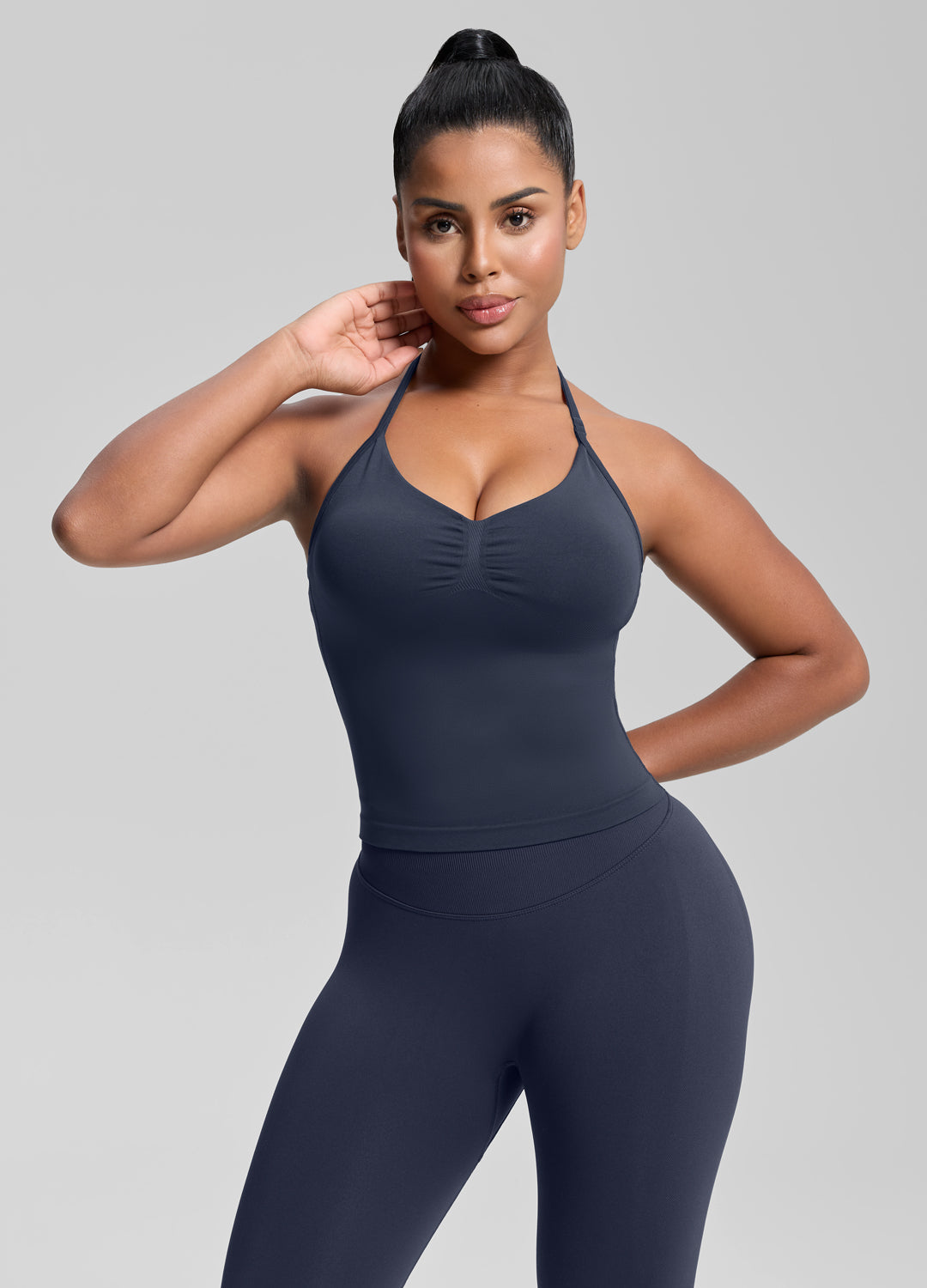 Débardeur long en maille sergé à maintien intégré, coupe ajustée et col halter