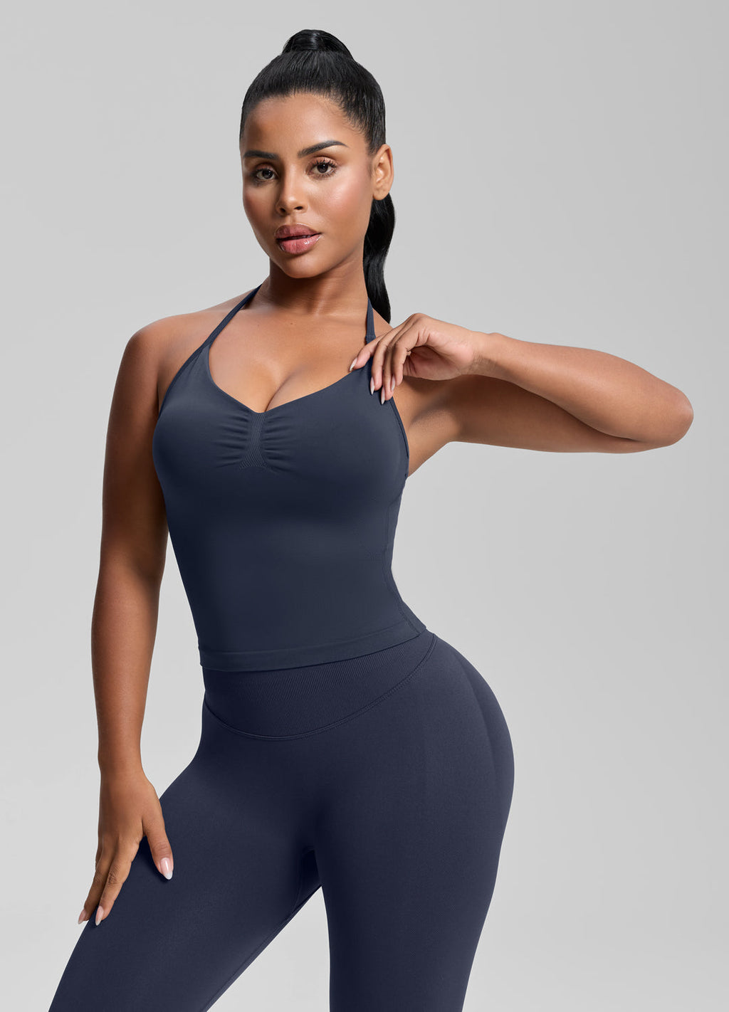 Débardeur long en maille sergé à maintien intégré, coupe ajustée et col halter