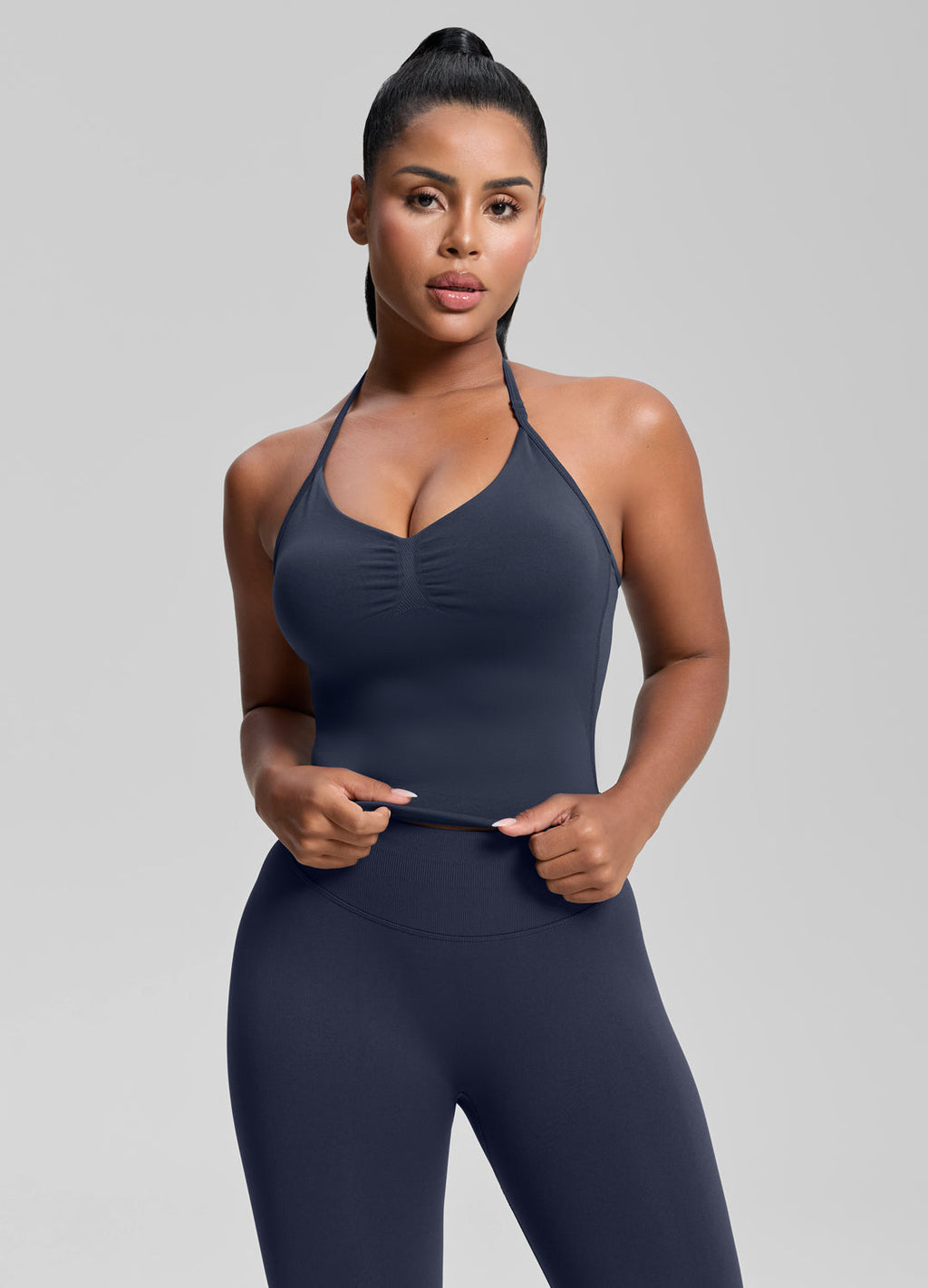 Débardeur long en maille sergé à maintien intégré, coupe ajustée et col halter