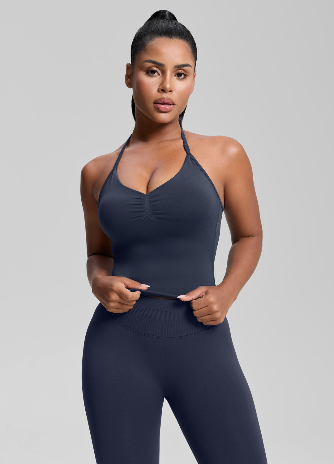 Débardeur long en maille sergé à maintien intégré, coupe ajustée et col halter
