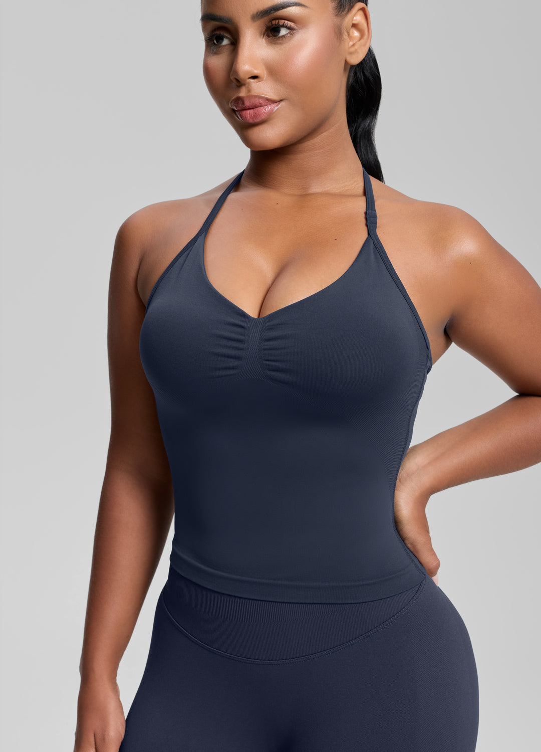 Débardeur long en maille sergé à maintien intégré, coupe ajustée et col halter